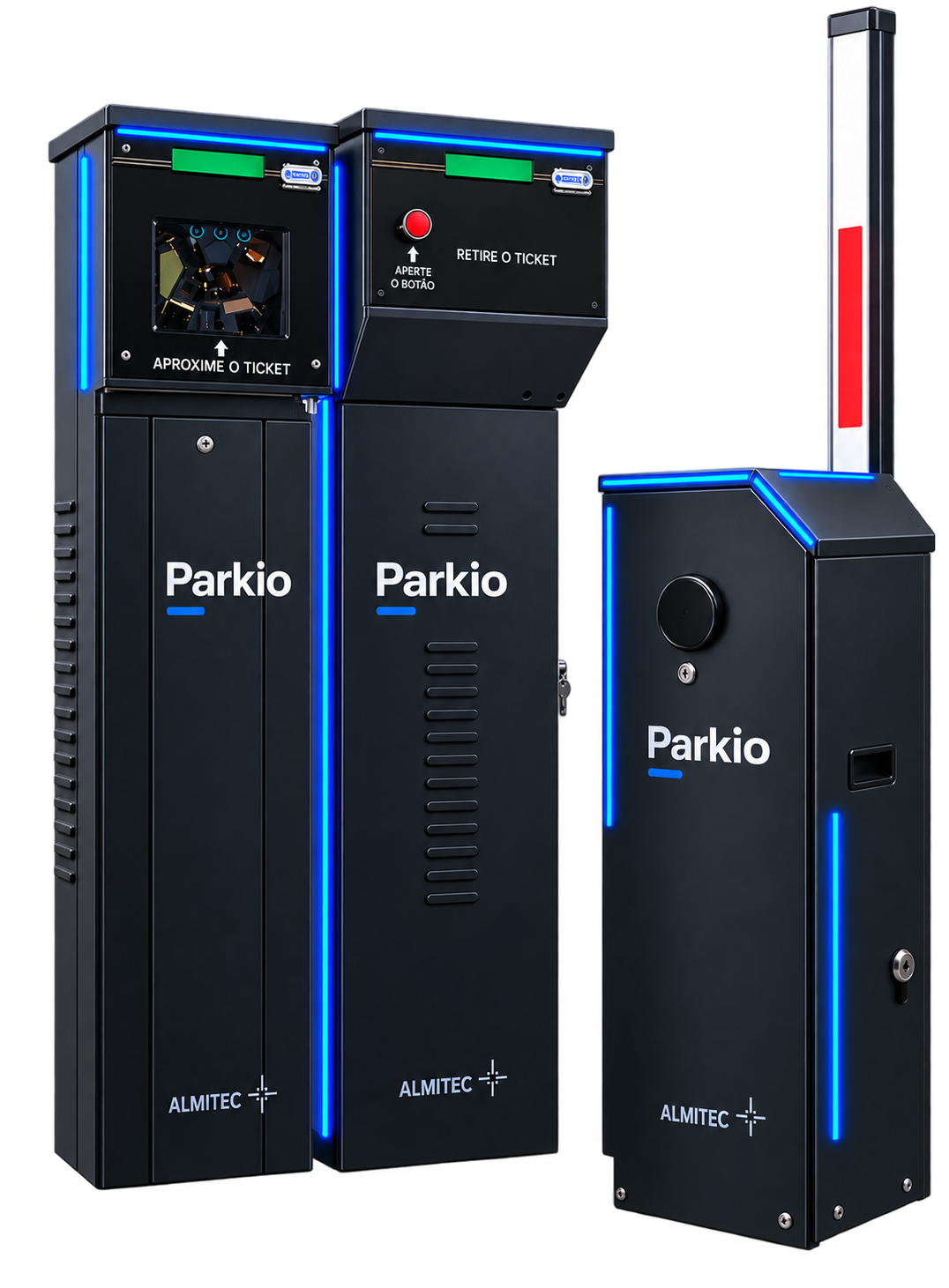 Totem, terminal e cancela automatizados Parkio com equipamentos Almitec